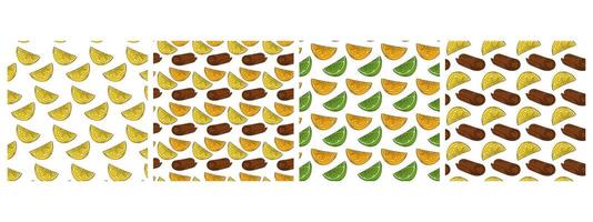 Lemon slices Orange Lime and Cinnamon stick Seamless Patterns Citrus fruits Background idea Bundle. Isolated Illustration Creating Thematic Greeting Cards or promo banner backdrop, leaflet, tag vector