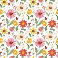 Seamless pattern with chamomile, sunflower and ladybug. Botanical garden with ladybug on flower. vector