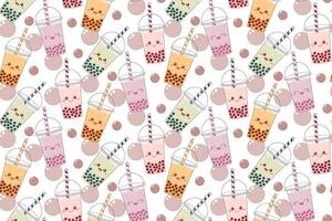 Seamless pattern with bubble tea and tapioca pearls on white background. Funny kawaii characters. illustration vector