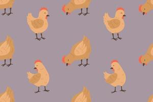 Seamless horizontal pattern with cute hen, chicks on purple background vector