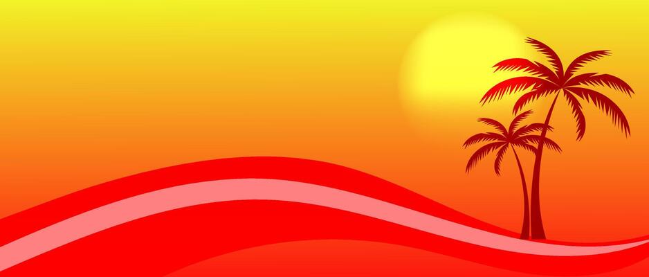 Tropical Sunset Scene Palm Trees, Orange Sky, Red Waves