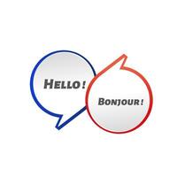 Interconnected Speech Bubbles Hello and Bonjour, Language, Communication, Greetings, International, vector