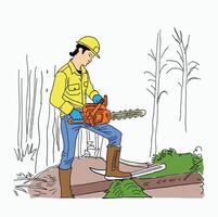 tree logging activity. Construction worker cut tree with chainsaw. Cartoon Style Illustration vector