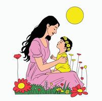 mother and child playing in the park surrounded by many flowers. mother and child look at each other with affection. Cartoon Style Illustration vector