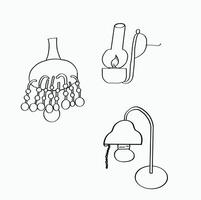 black and white line. various types of kerosene lamps, chandelier lamps, table lamps. Cartoon Style Illustration vector