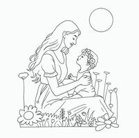 black and white line. mother and child playing in the park surrounded by many flowers. mother and child look at each other with affection. Cartoon Style Illustration vector