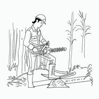 black and white line. tree logging activity. Construction worker cut tree with chainsaw. Cartoon Style Illustration vector
