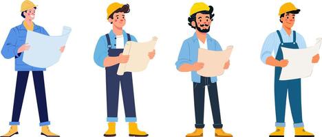 Construction engineer workers reviewing blueprints at job site art vector