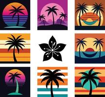 six set of beach, trees on the beach vector