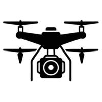 A black and white illustration of a drone with a camera vector
