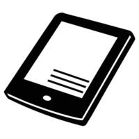 A tablet computer is shown in black and white vector