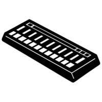 An electronic keyboard is shown in black and white vector