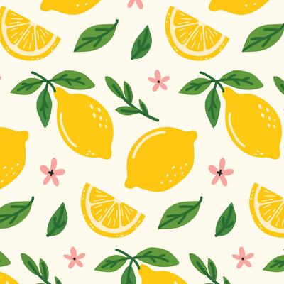 Lemon pattern in a fresh and summer style. Hand-drawn lemons with leaves and flowers. Perfect for packaging, textiles, backgrounds, wallpapers, cards, prints and decor. Citrus tropical fruits.