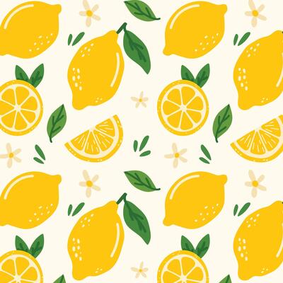 Lemon pattern and summer style. Hand-drawn lemons with leaves and flowers. Perfect for packaging, textiles, backgrounds, wallpapers, cards, prints and decor. Citrus tropical fruits.