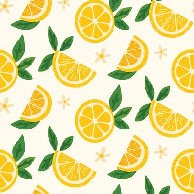 Lemon pattern in a fresh and summer style. Hand-drawn lemons with leaves and flowers. Perfect for packaging, textiles, backgrounds, wallpapers, cards, prints and decor.