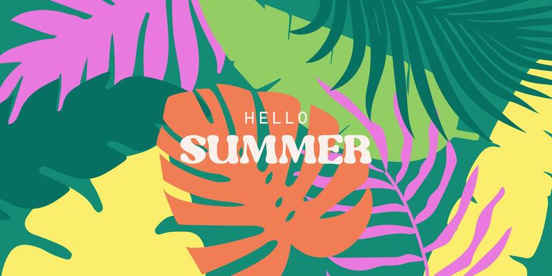 Summer colorful abstract background with tropical leaves. Botanical jungle leaves and floral frame. Design template for discount, ad, branding, banner, cover, label, poster, sale.