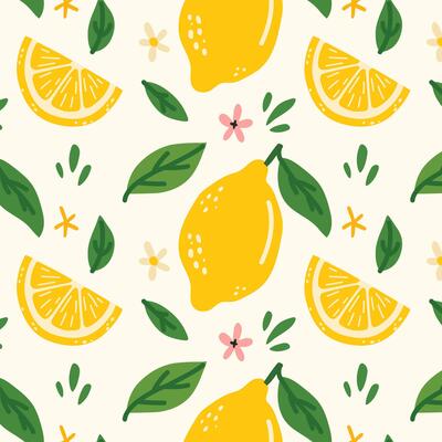 Lemon pattern in a fresh and summer style. Hand-drawn lemons with leaves and flowers. Perfect for packaging, textiles, backgrounds, cards, prints and decor. Citrus tropical fruits.