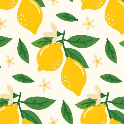 Lemon pattern in a fresh and summer style. Hand-drawn lemons with leaves and flowers. Perfect for packaging, textiles, backgrounds, wallpapers, cards, prints. Citrus tropical fruits.