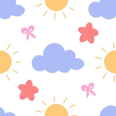 Sunny sky pattern with clouds flowers and bows. Cute weather background for kids. Seamless baby sky design.