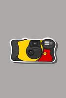 Red, yellow color Retro Analog Camera sticker on grey doodle element vector