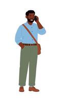 Smiling man with beard in blue shirt and green pants is talking by smartphone in flat style vector