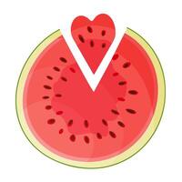 Slice red watermelon with heart shaped segment cut out. Botanical fruit Hand drawn trendy flat style isolated icon on a transparent background. Perfect for card design, print, banner, packaging, label vector