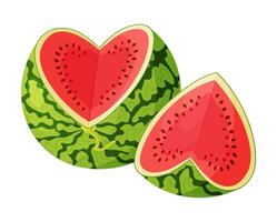 Watermelon cut into heart shape and watermelon slice. Botanical fruit berry composition. Hand drawn trendy flat style isolated on transparent background for card design, print, banner, packaging label vector