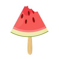 Bitten Watermelon Slice on Stick. Ripe red watermelon. Hand drawn trendy flat style isolated icon on transparent background. three watermelon segments. For card design, print, banner, packaging, label vector