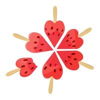 Heart shaped watermelon slices on sticks. Red watermelon. Hand drawn trendy flat style isolated icon on transparent background. three watermelon segments. For card, print, banner, packaging, label vector
