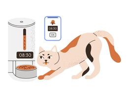Smart automatic cat feeder with WiFi control. Remote feeding App. Pet modern feeding station. Pet with electronic device. Flat illustration isolated on white background. vector