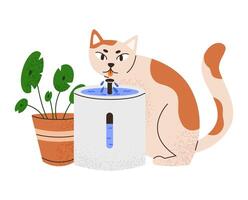 Cat drinking from smart water fountain. Pet with electronic device. Flat illustration isolated on white background. vector