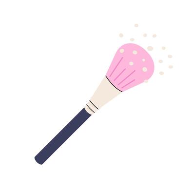 illustration of a cosmetic brush with powder particles. Essential beauty tool for face makeup application. Flat design isolated on white background.
