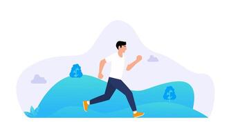 flat illustration showing a person jogging and running leisurely while enjoying the scenery. vector