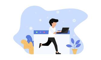 Flat concept Illustration of a Character Running with a Laptop vector