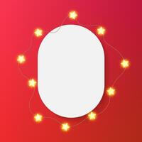 Oval picture frame on red bg. Vertical portrait photo decorated with star light string of led garland. White art template mock up, festive quote, greeting post. Holiday wreath on round Christmas card vector