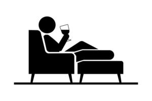 Silhouette of stickman lying down relaxing on the sofa while holding a glass. vector