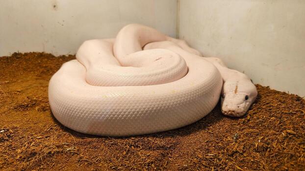 A large white Burmese python is coiled up on a bed of brown substrate. photo