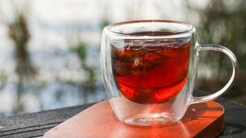 A cup of iced tea and aromatics with a blurred natural garden background photo