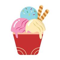 A cup of ice cream topped with wafer sticks, isolated on a white background. vector