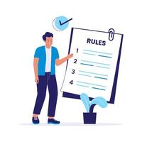 Rules Concept Illustration with Man Pointing at Numbered Checklist Document vector