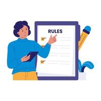 Rules Concept Illustration with Woman Holding Tablet and Pointing at Checklist vector