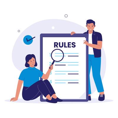Rules Concept Illustration with People Reading and Analyzing Guidelines Document