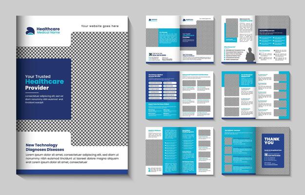 12-page medical healthcare bifold brochure template, perfect for hospital or clinic promotions. Professional and multipurpose design, ideal for showcasing medical services and enhancing brand identity