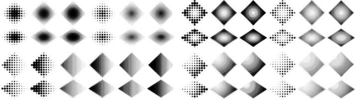 Diamond gradient halftone pattern set. Rhombus dots backgrounds. vector