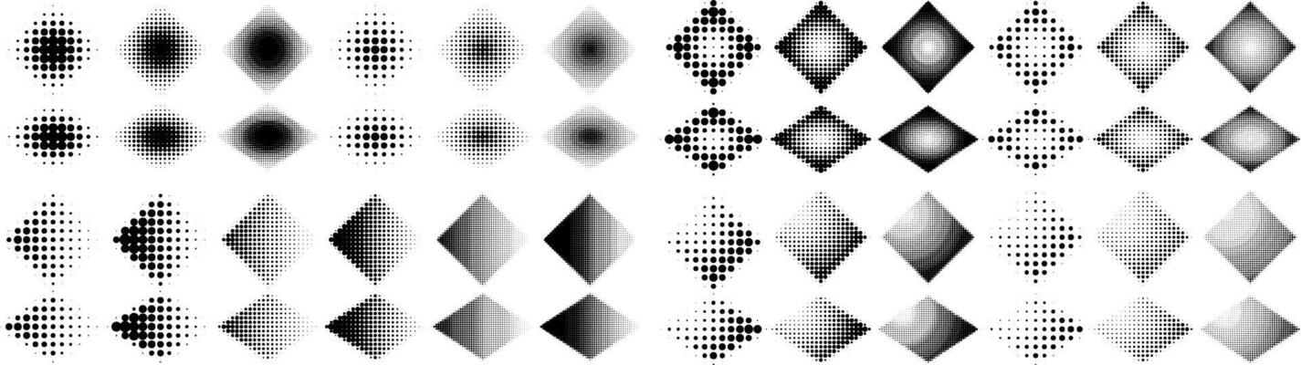 Diamond gradient halftone pattern set. Rhombus dots backgrounds.