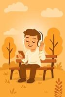 A man relaxing in a park with a warm evening atmosphere, a young man listening to music through headphones on his smartphone with a relaxed feeling. Vertical cartoon illustration. vector
