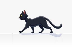 An agile black cat is walking along a wall on a white background with simple animal illustration style. vector