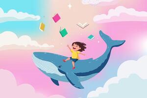 A happy girl is sitting on the back of a blue whale swimming through the colorful sky and fluffy clouds happily chasing books and knowledge. vector
