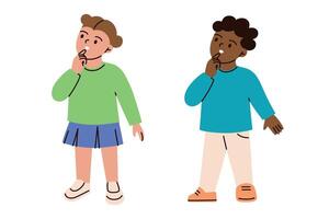 Flat cartoon illustration of school kids thinking, surprised and curious. Boy and girl looking at something, puzzled expressions, education, imagination, problem solving, learning process vector