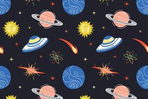 Flat cartoon pattern of outer space in childish style. Planets, stars, UFO and meteors illustrations on dark background, astronomy, imagination, discovery, universe exploration, fantasy theme vector